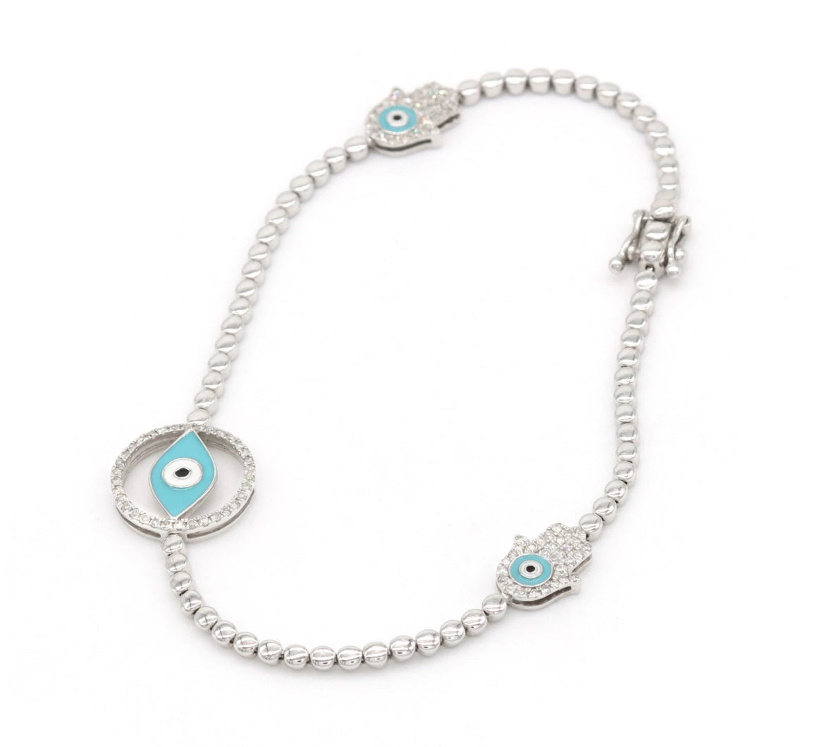 0.40ct Natural Diamond Hamsa Evil Eye Bracelet 14K White Gold Blue Enamel Pavé Protection Jewelry 7 Inch