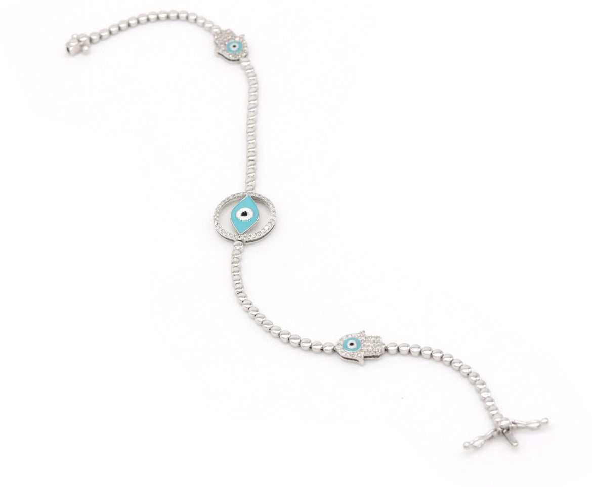 0.40ct Natural Diamond Hamsa Evil Eye Bracelet 14K White Gold Blue Enamel Pavé Protection Jewelry 7 Inch