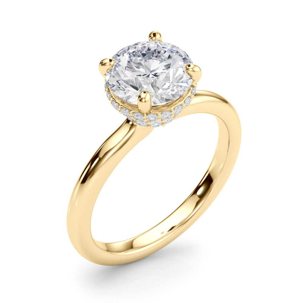 Angled view of round brilliant lab diamond engagement ring in 14K yellow gold highlighting hidden halo detail.