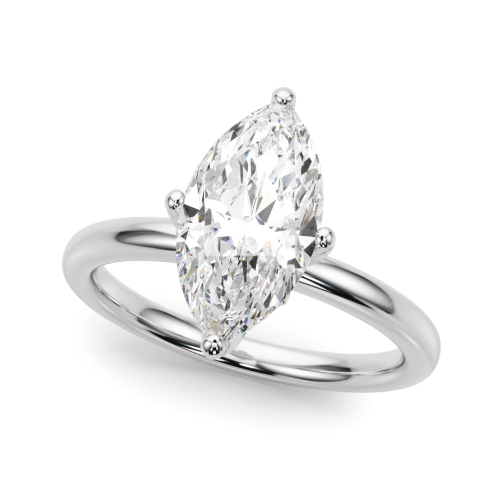 Angled view of the marquise lab-grown diamond engagement ring with a polished white gold band.