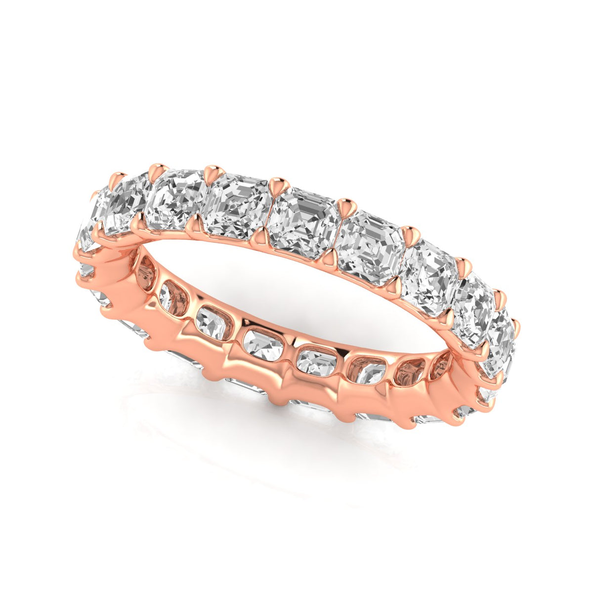 Asscher-cut diamond eternity wedding band in 14K rose gold, three-quarter view