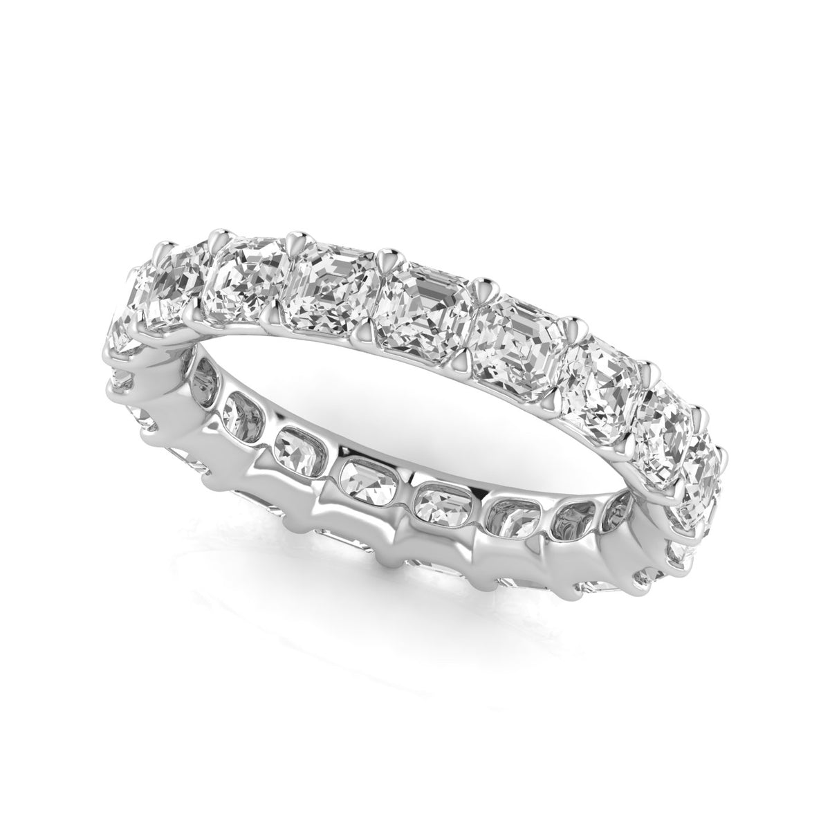 Asscher-cut diamond eternity wedding band in 14K white gold, three-quarter view
