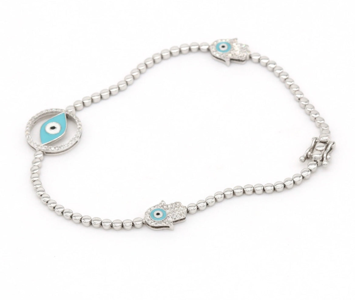 0.40ct Natural Diamond Hamsa Evil Eye Bracelet 14K White Gold Blue Enamel Pavé Protection Jewelry 7 Inch