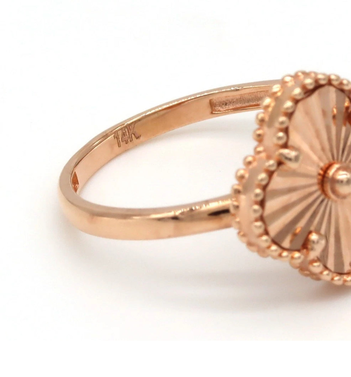 Clover Ring 14K Rose Gold - Sunburst Medallion Beaded Edge Statement Ring