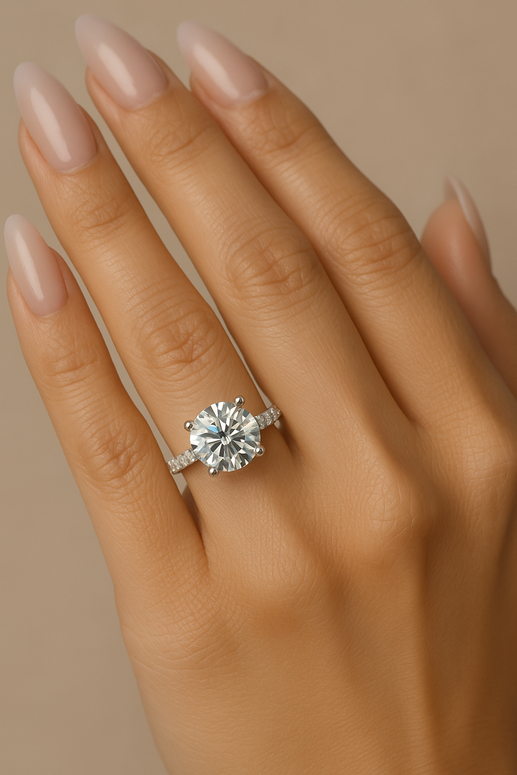 Close-up of round brilliant-cut diamond engagement ring with pavé band on hand, shown against neutral beige background.