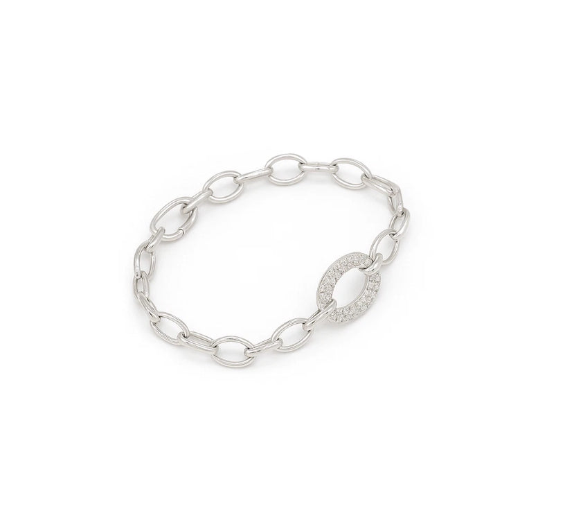 Simon B Jewels Diamond Pavé Oval Link Chain Bracelet - Side Profile View 14K Gold Tapered Links
