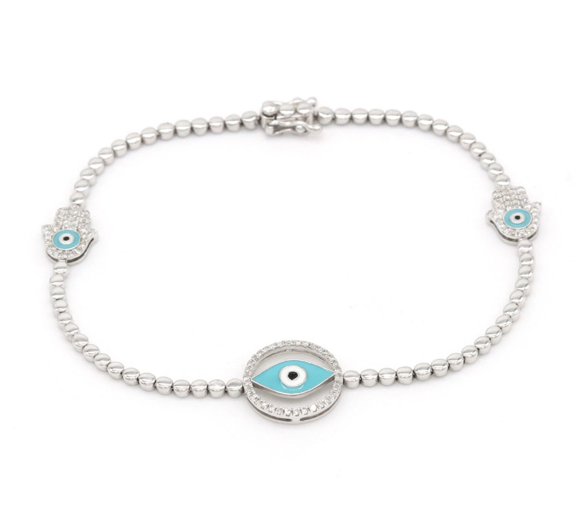 0.40ct Natural Diamond Hamsa Evil Eye Bracelet 14K White Gold Blue Enamel Pavé Protection Jewelry 7 Inch