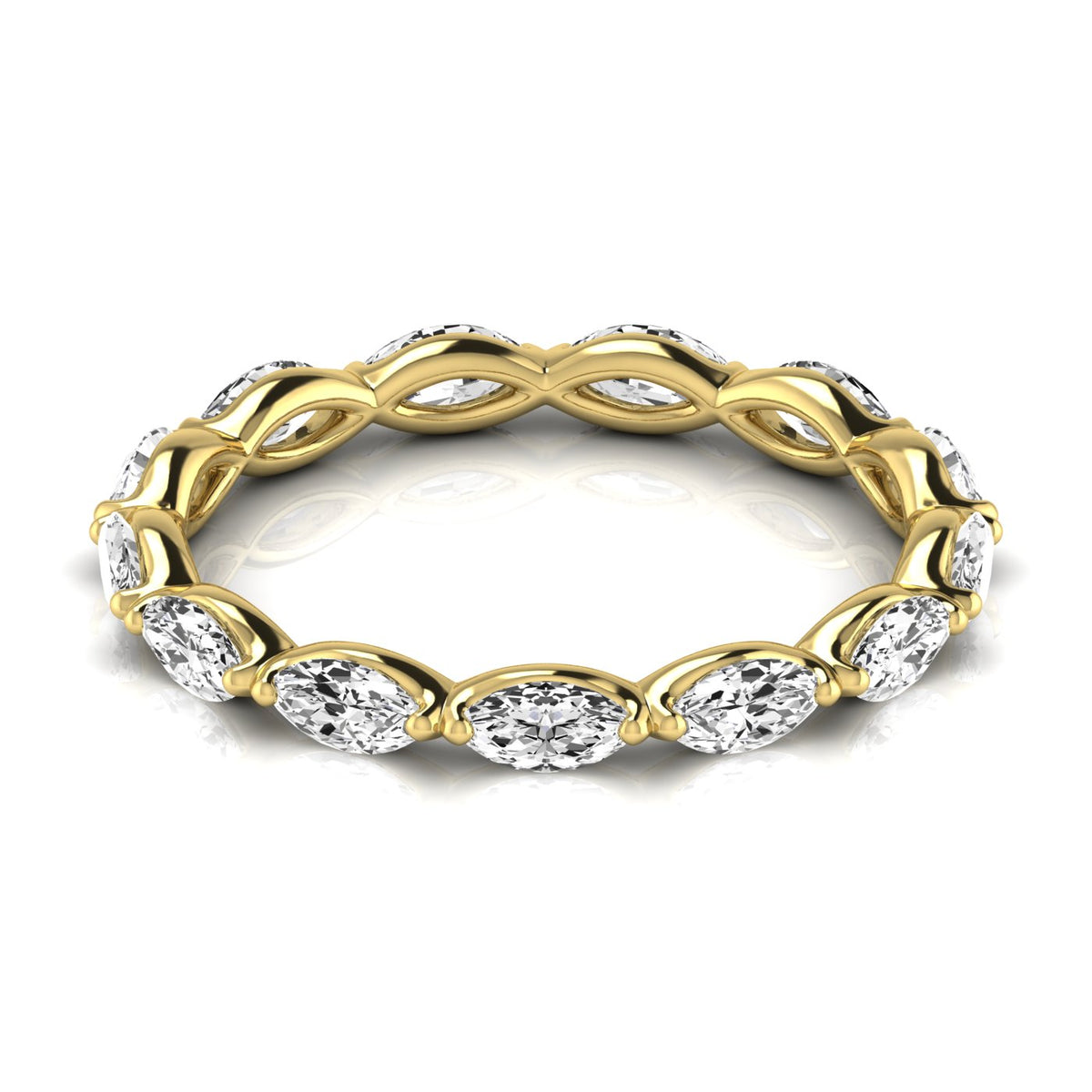 East-west marquise lab-grown diamond eternity band in 14K yellow gold, front angled view