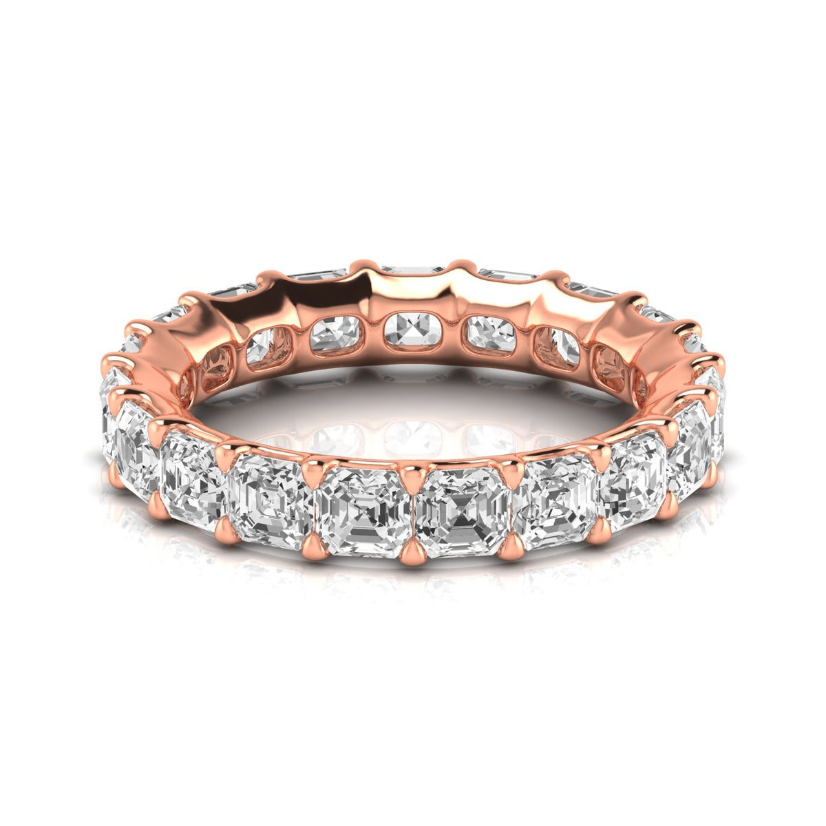 Front view of a 14K rose gold eternity band with closely set Asscher-cut diamonds
