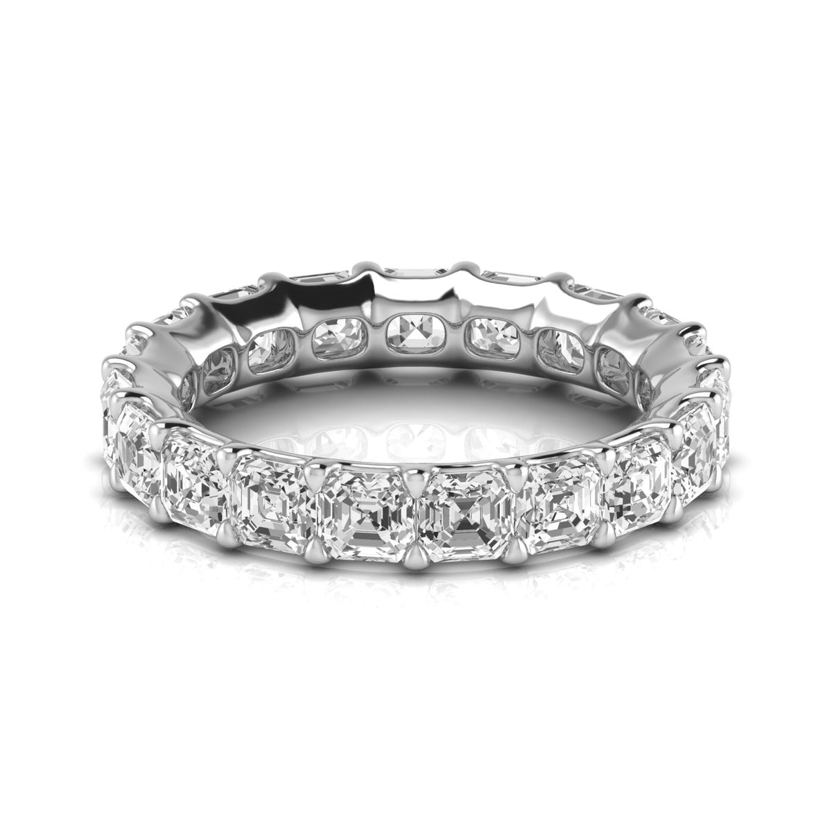 Front view of a 14K white gold eternity band with closely set Asscher-cut diamonds