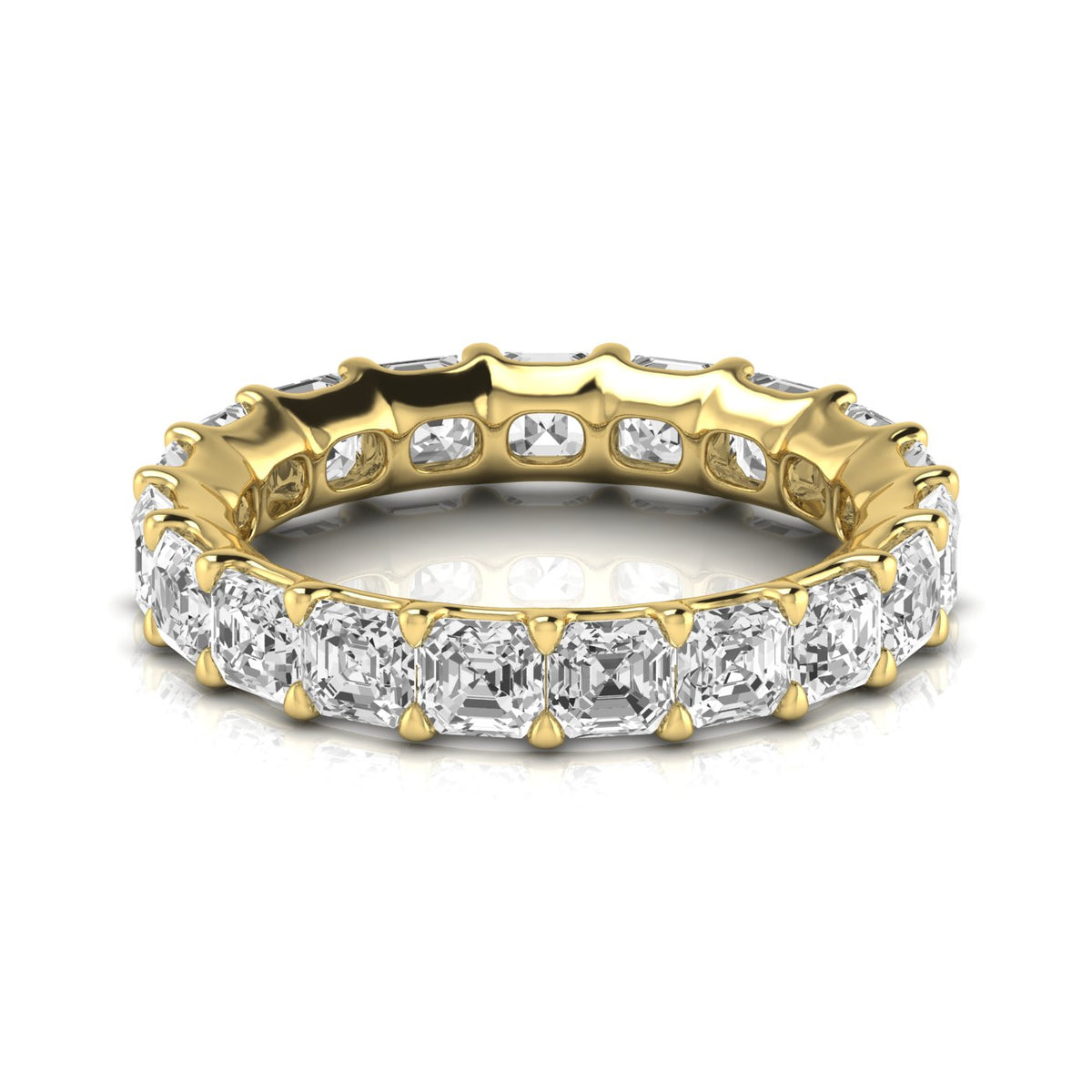 Front view of a 14K yellow gold eternity band with closely set Asscher-cut diamonds
