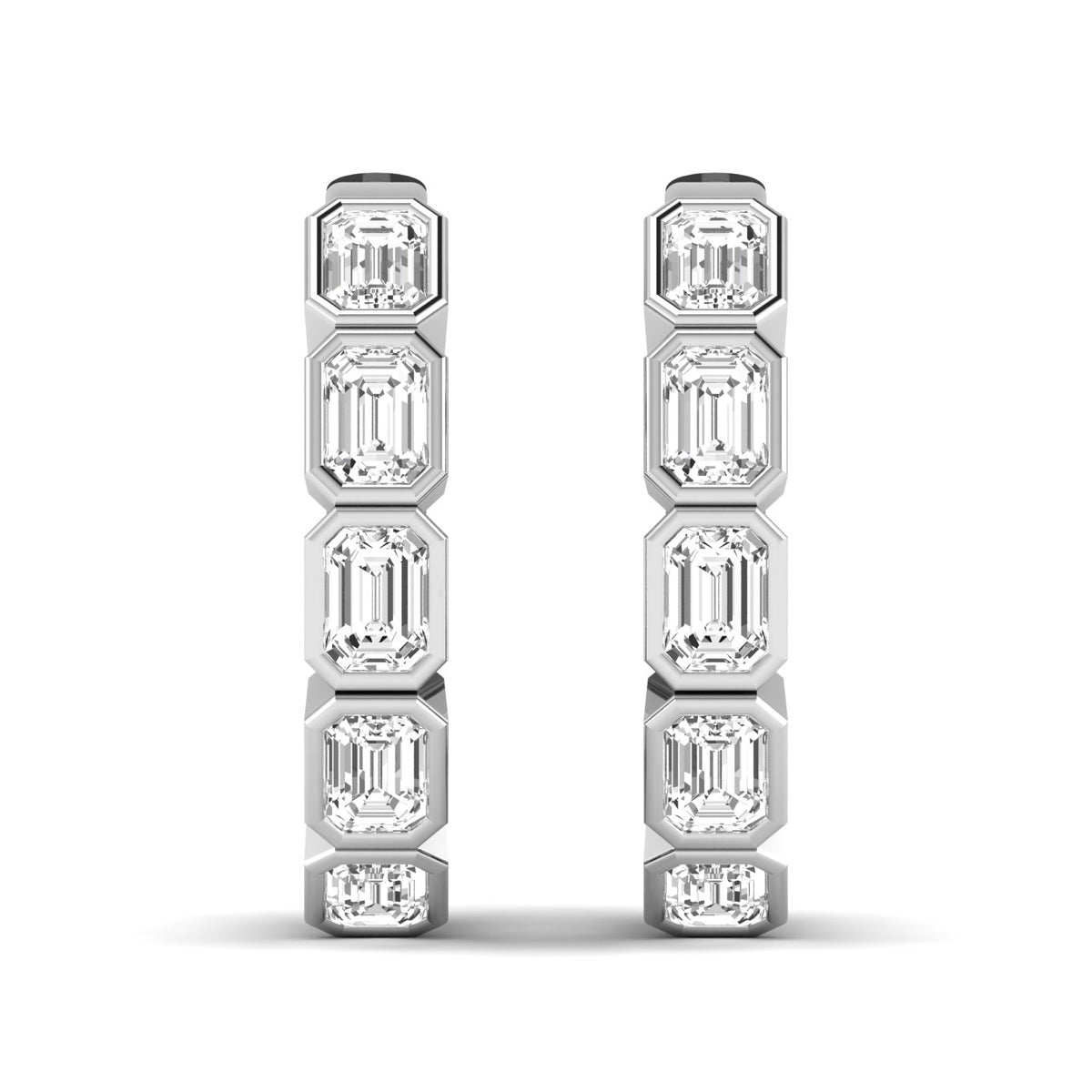 Front view of emerald-cut lab-grown diamond bezel hoop earrings in 14K white gold, 2.15 CTW per pair