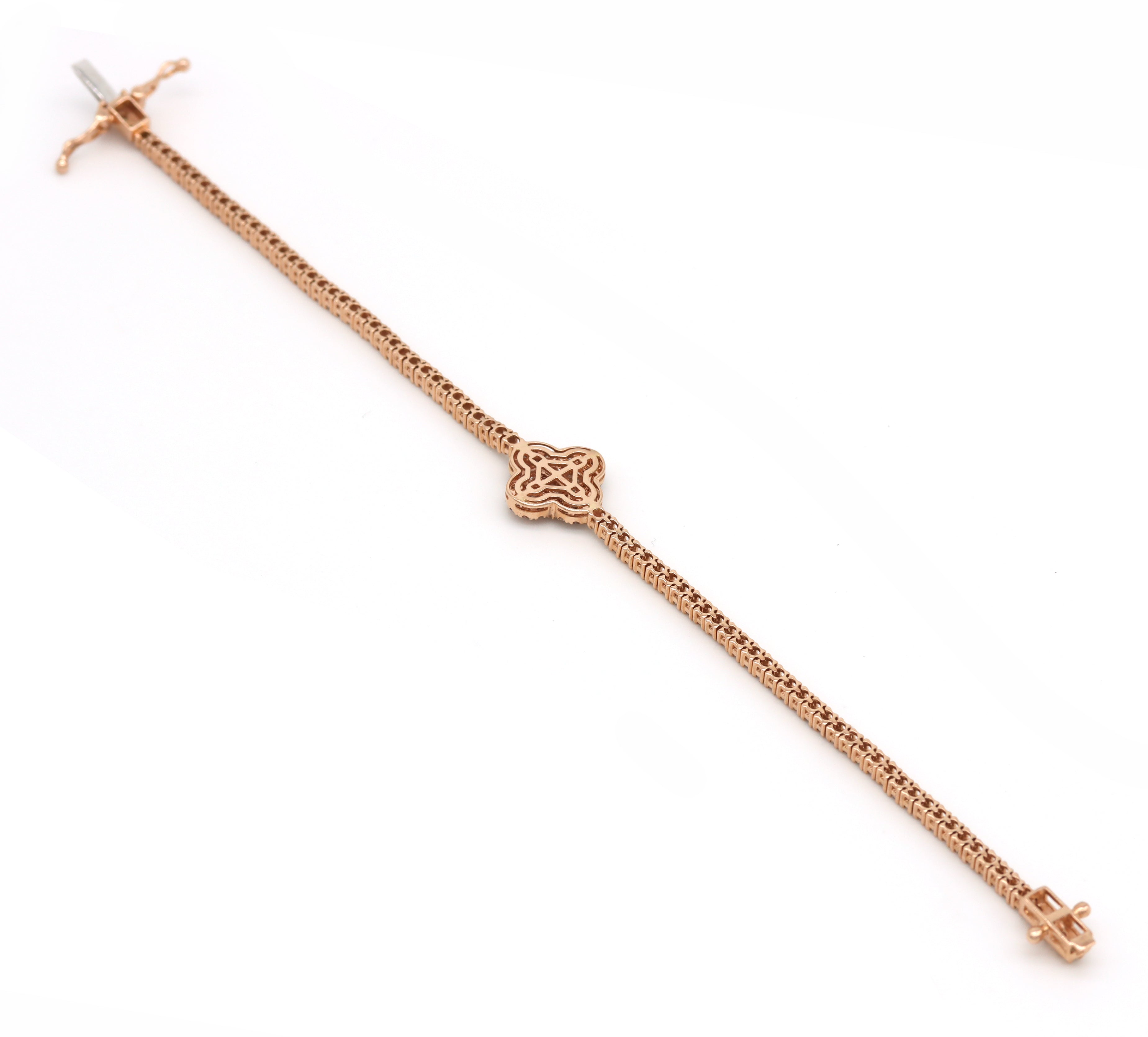 14K Rose Gold Diamond Clover Tennis Bracelet 3.82ct Natural Baguette Round Handmade Fine Jewelry