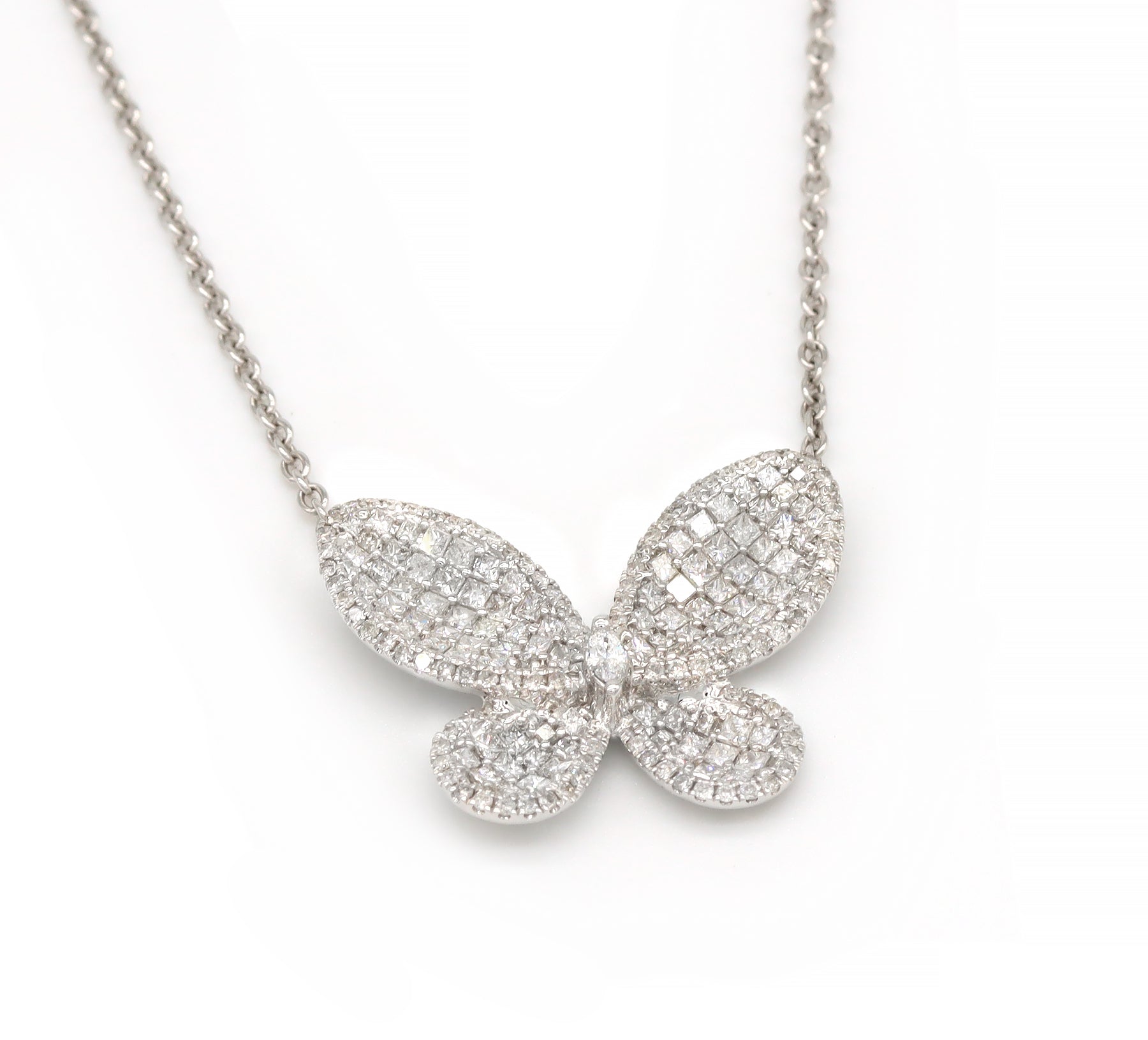 1.84ct Princess Cut Diamond Butterfly Necklace 14K White Gold Pendant 18" Chain G Color SI-VS Clarity Pavé