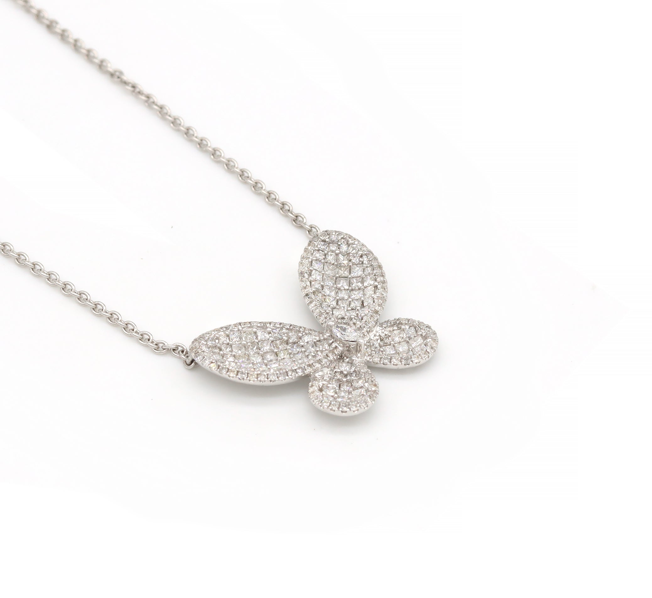 1.84ct Princess Cut Diamond Butterfly Necklace 14K White Gold Pendant 18" Chain G Color SI-VS Clarity Pavé