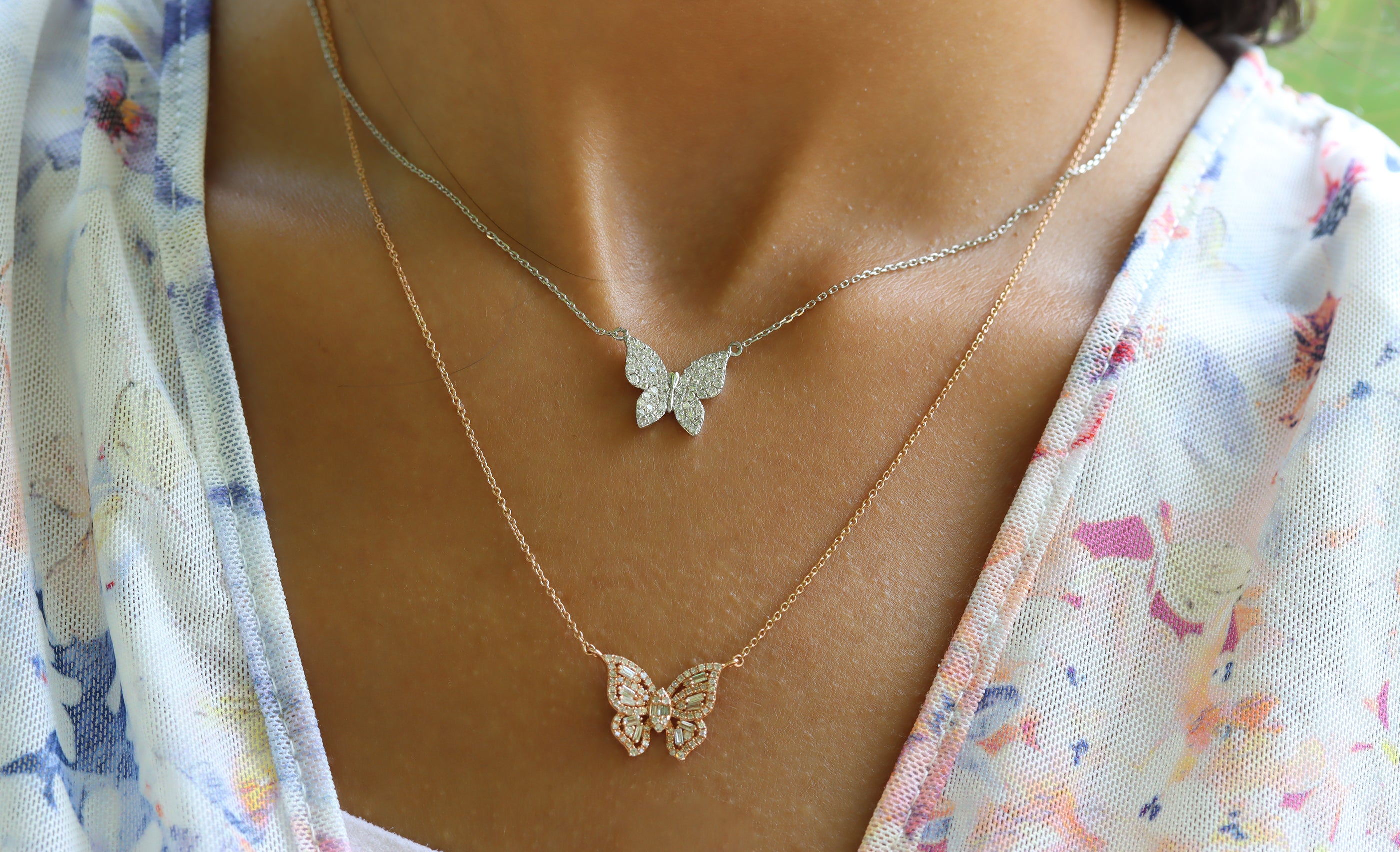 0.49ct Natural Diamond Butterfly Pendant 14K Rose Gold Necklace 18" Chain Baguette Round Stones G-H Color SI Clarity