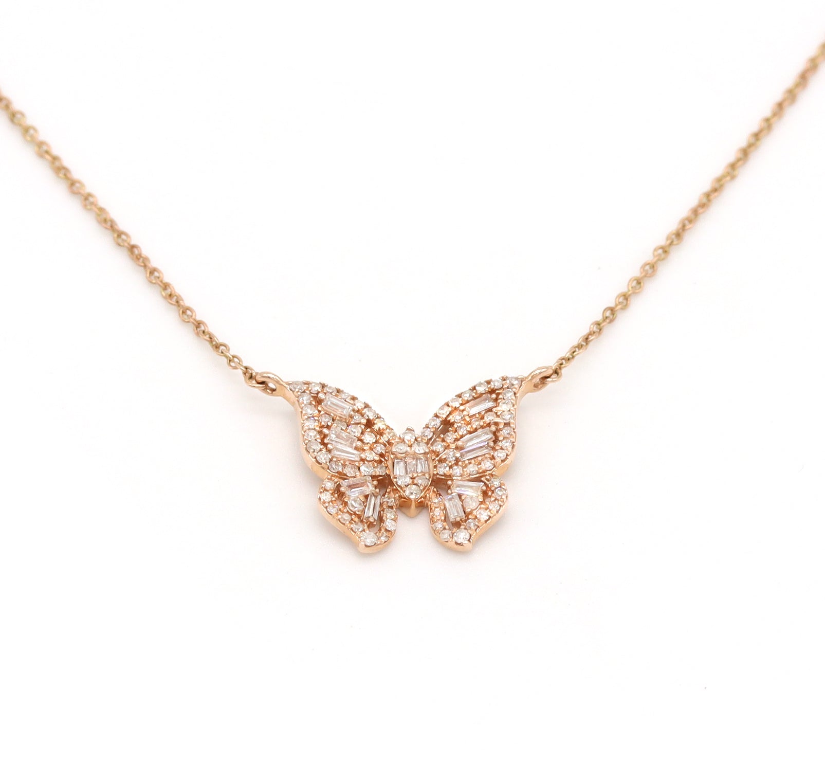 0.49ct Natural Diamond Butterfly Pendant 14K Rose Gold Necklace 18" Chain Baguette Round Stones G-H Color SI Clarity