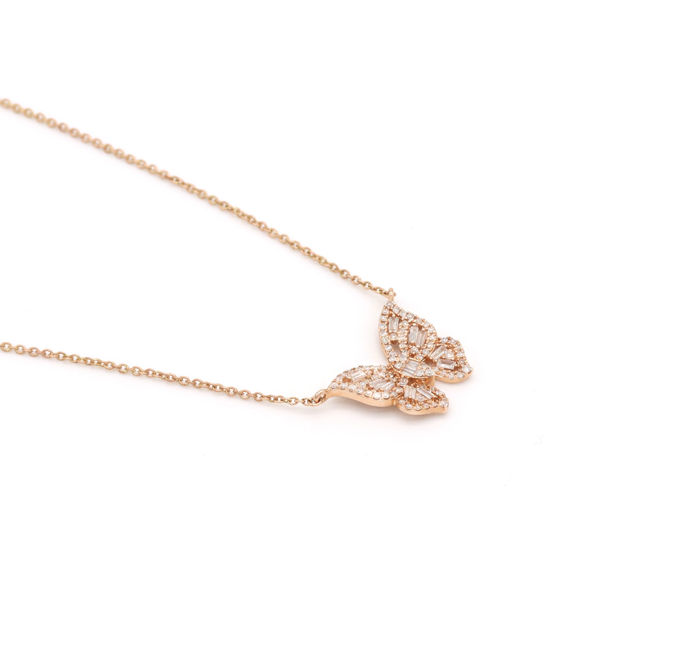 0.49ct Natural Diamond Butterfly Pendant 14K Rose Gold Necklace 18" Chain Baguette Round Stones G-H Color SI Clarity