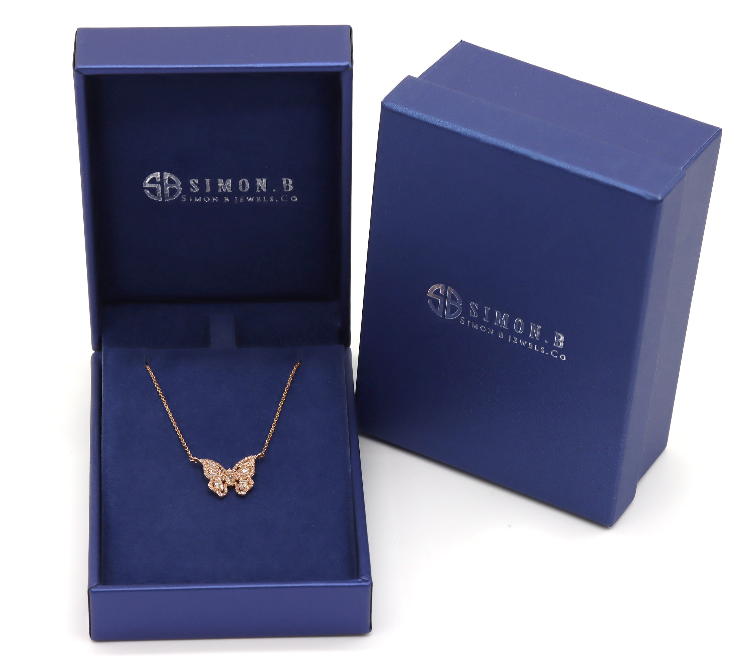 0.49ct Natural Diamond Butterfly Pendant 14K Rose Gold Necklace 18" Chain Baguette Round Stones G-H Color SI Clarity