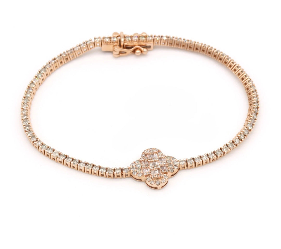 14K Rose Gold Diamond Clover Tennis Bracelet 3.82ct Natural Baguette Round Handmade Fine Jewelry