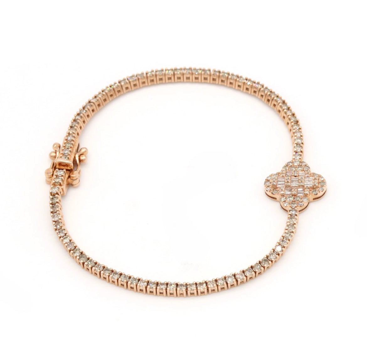 14K Rose Gold Diamond Clover Tennis Bracelet 3.82ct Natural Baguette Round Handmade Fine Jewelry