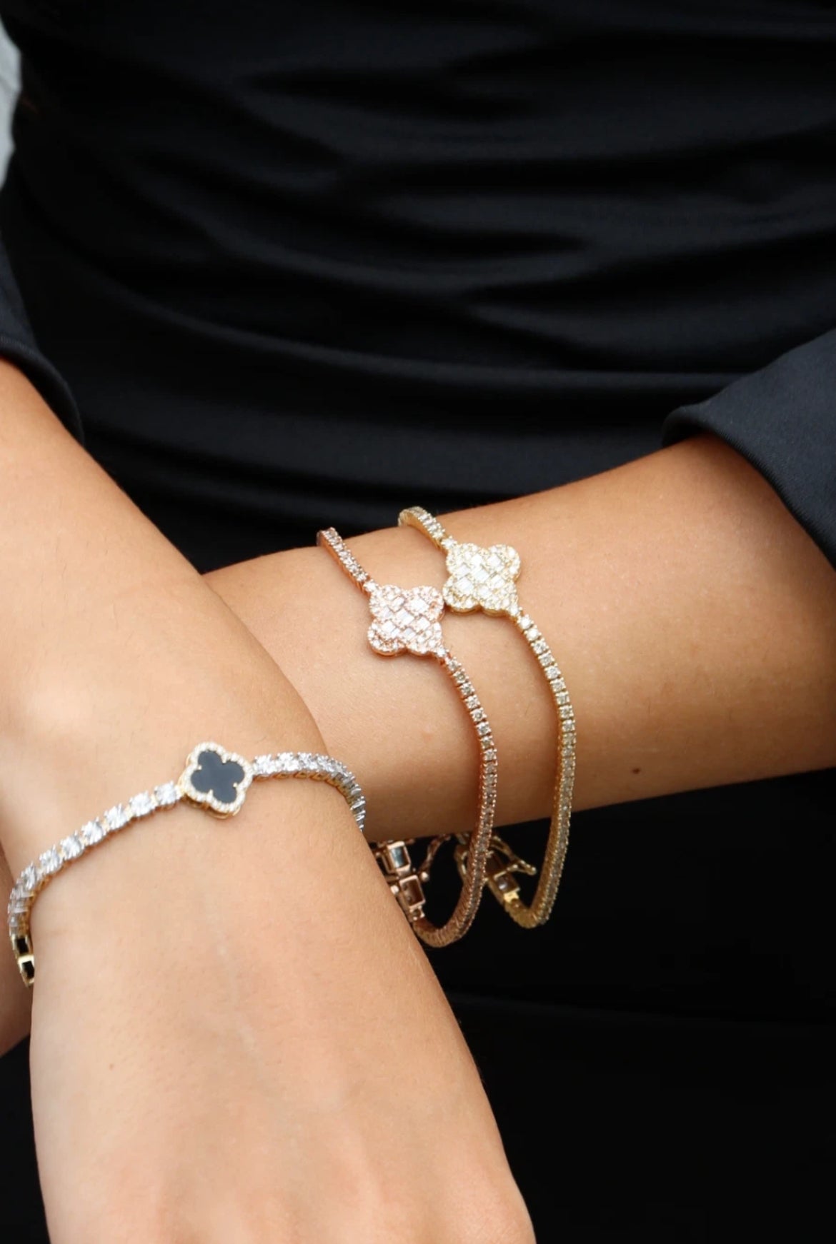 14K Rose Gold Diamond Clover Tennis Bracelet 3.82ct Natural Baguette Round Handmade Fine Jewelry