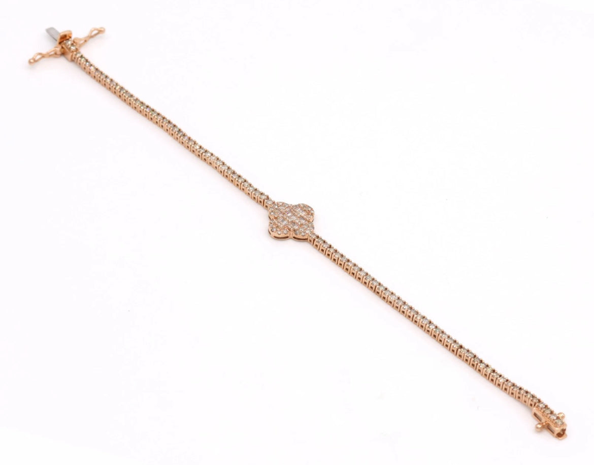 14K Rose Gold Diamond Clover Tennis Bracelet 3.82ct Natural Baguette Round Handmade Fine Jewelry