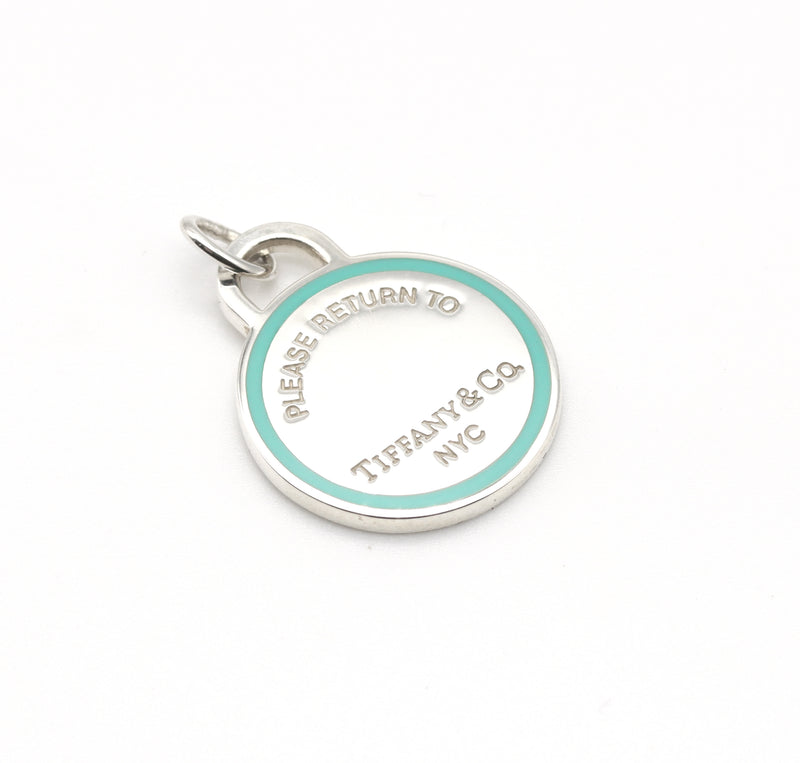 Tiffany Co. Sterling Silver Large Return To Blue Enamel Round Tag Charm Pendant