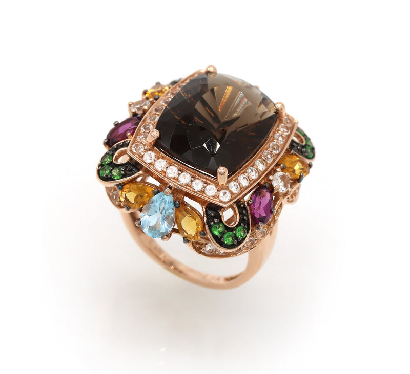 LeVian Smoky Quartz Tsavorite Rhodolite Citrine 14K Rose Gold Cocktail Ring