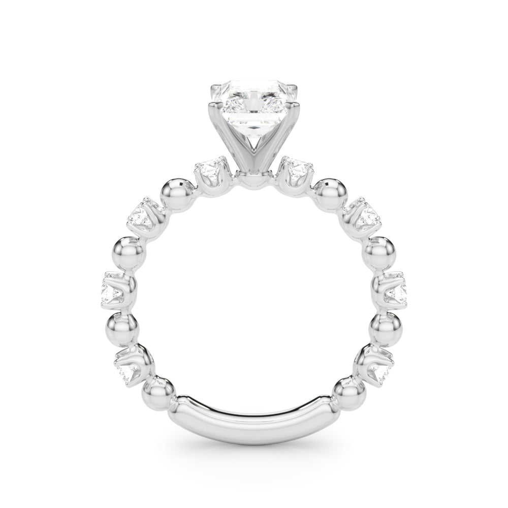 Radiant cut lab diamond engagement ring in 14K white gold, side profile showing prong-set center stone with alternating round diamond and polished bead band design