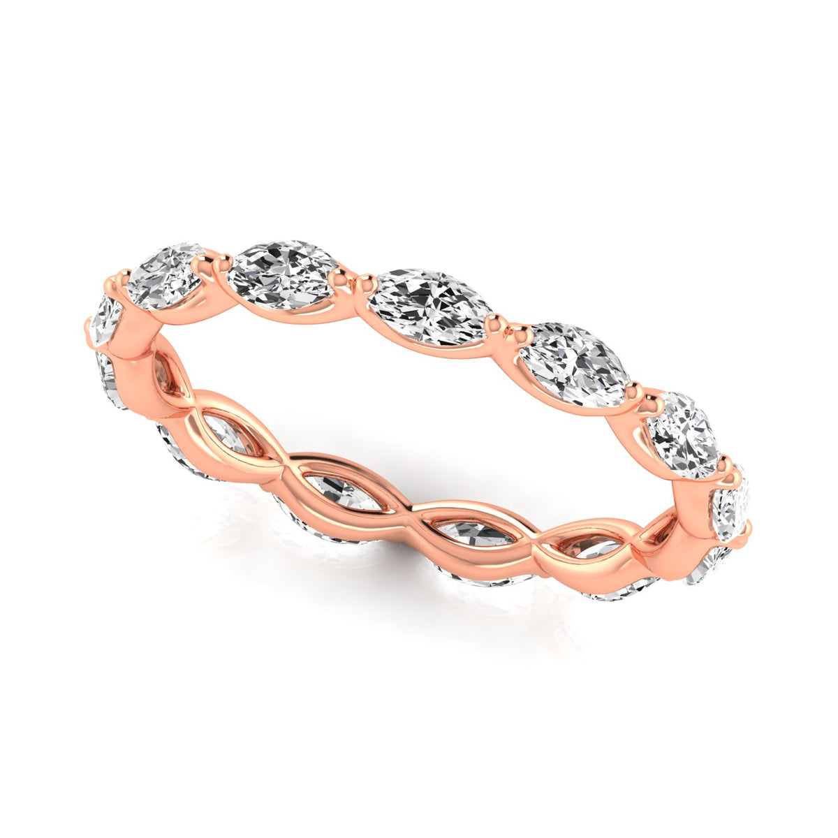 Rose gold marquise diamond eternity band tilted to show the diamonds and open gallery.