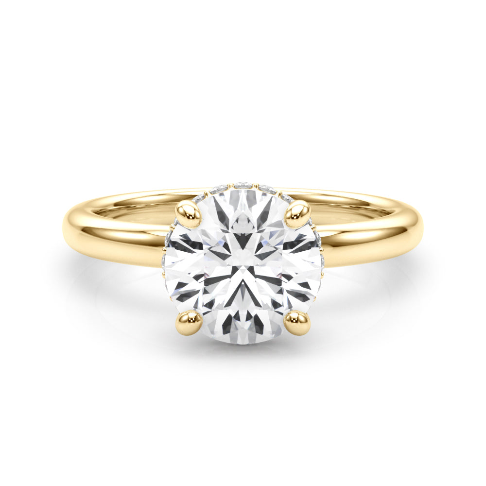 Round lab grown diamond engagement ring in 14K yellow gold, classic solitaire design with hidden halo accents