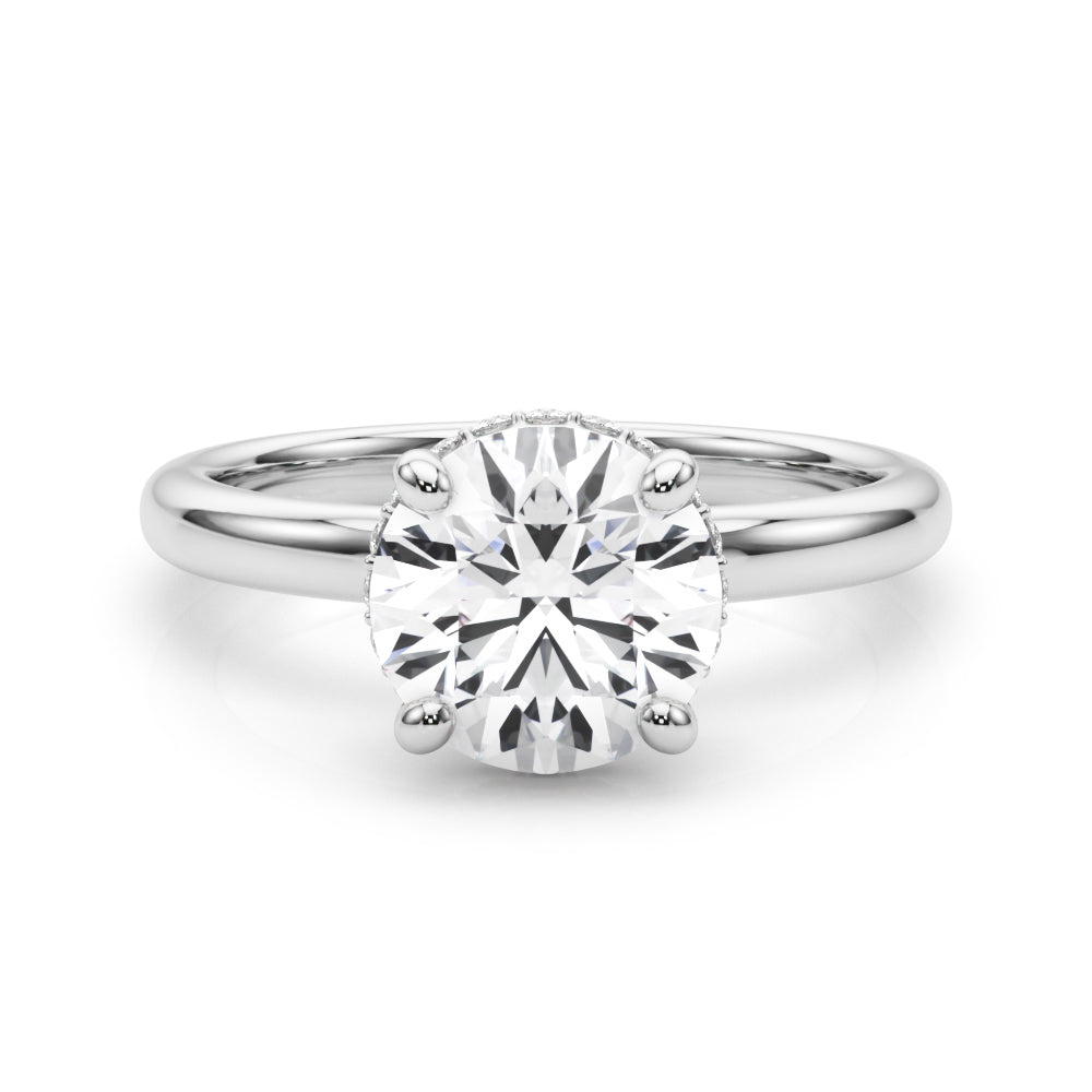 Round lab grown diamond solitaire engagement ring in 14K white gold with hidden halo and smooth band