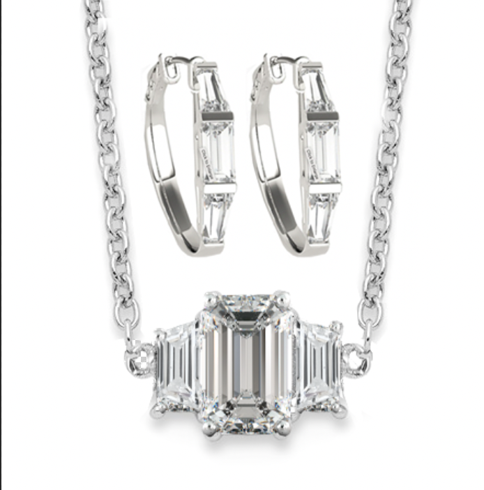 3.00 ct Emerald cut Diamond Pendant & Earrings set in 14k White Gold - Simon B Jewels