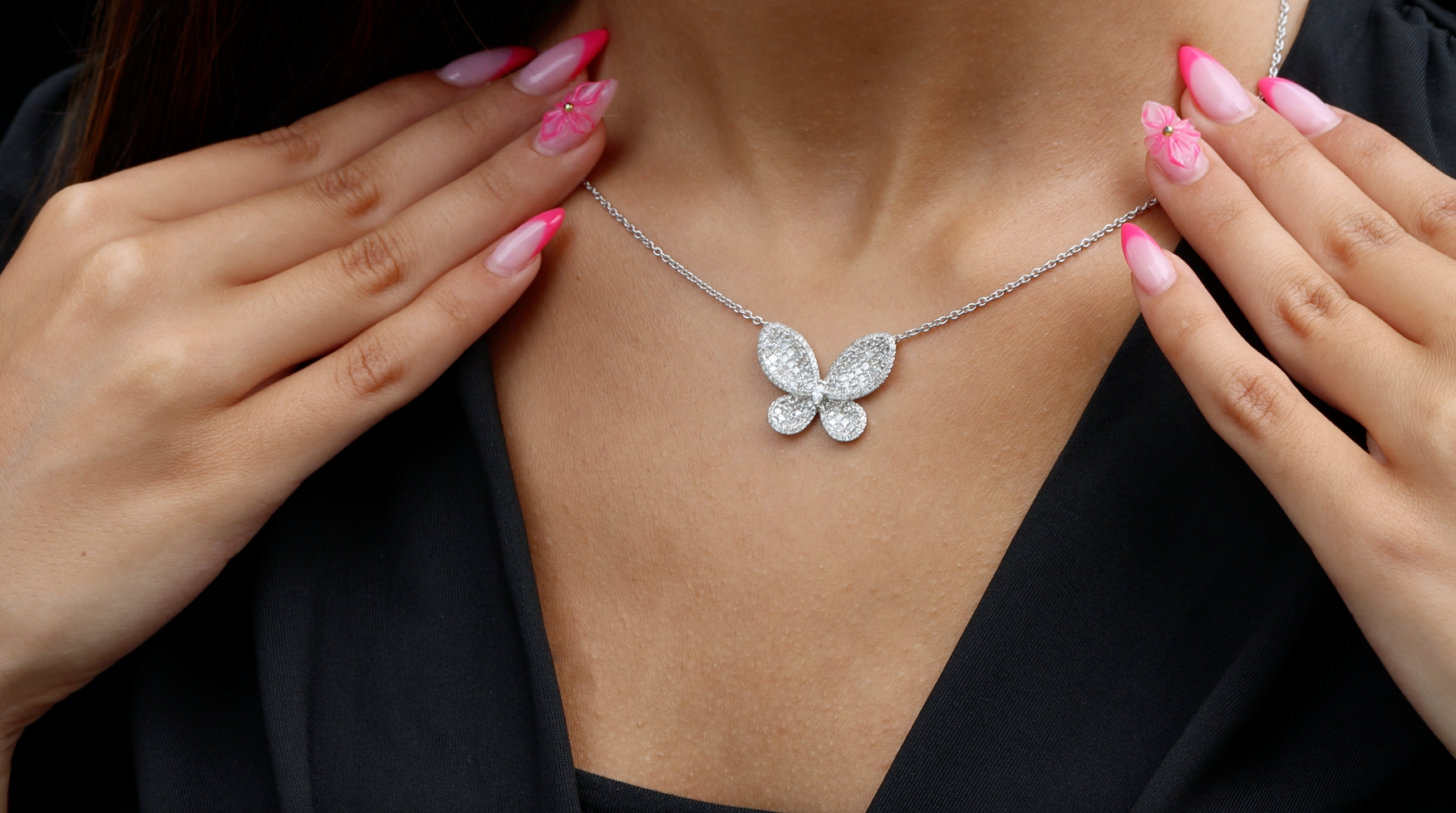 1.84ct Princess Cut Diamond Butterfly Necklace 14K White Gold Pendant 18" Chain G Color SI-VS Clarity Pavé