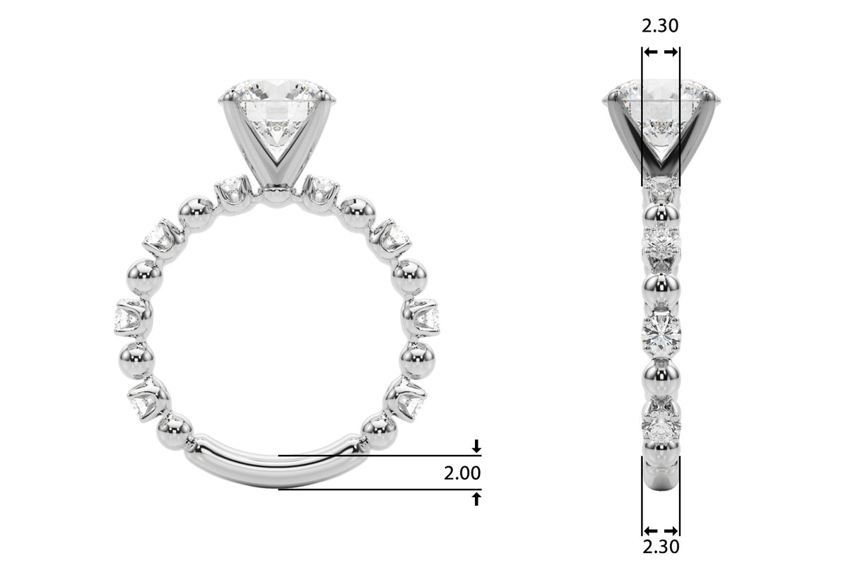 Side and profile measurements of the round diamond engagement ring and beaded diamond setting.