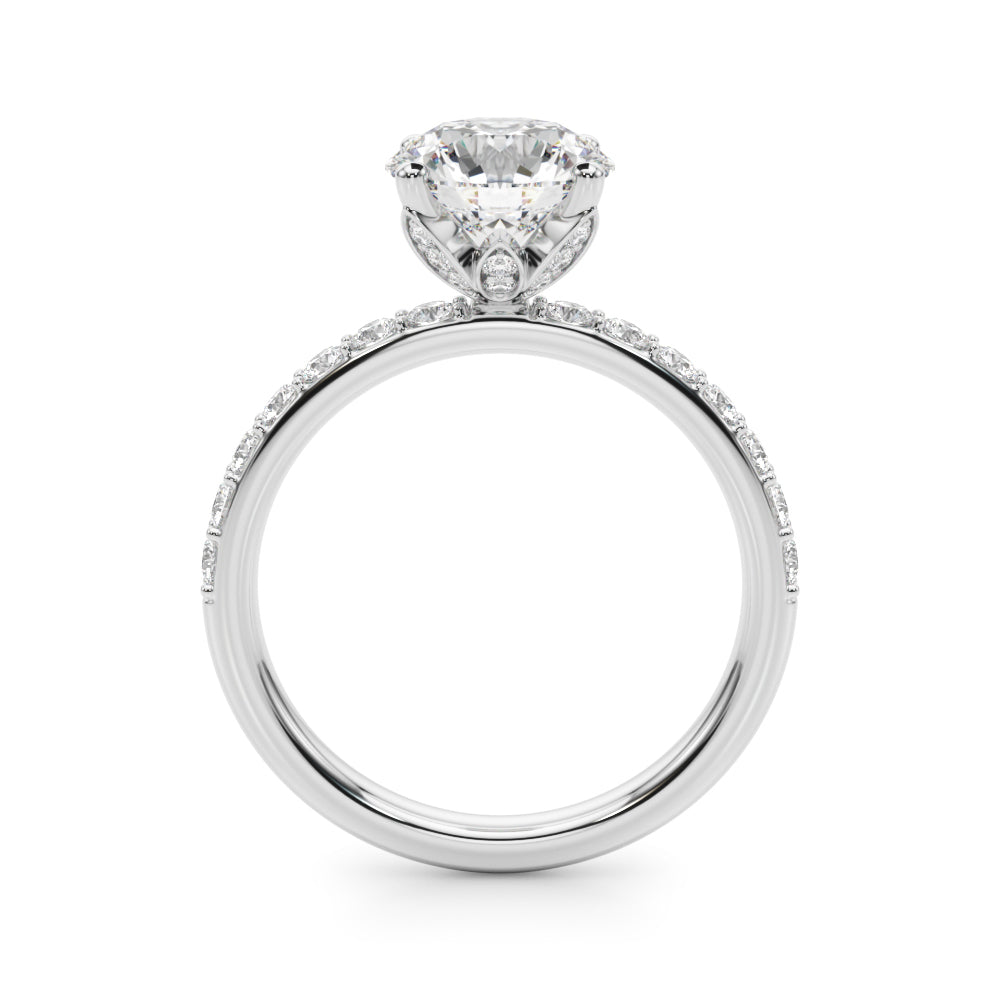  Side profile of round diamond engagement ring showing hidden halo and pavé diamond shank in 14K gold.

