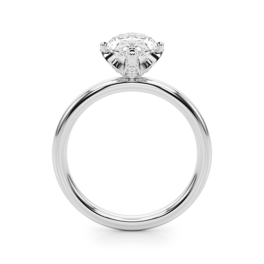Side profile of the white gold marquise engagement ring showing its raised setting and diamond-accented gallery.
