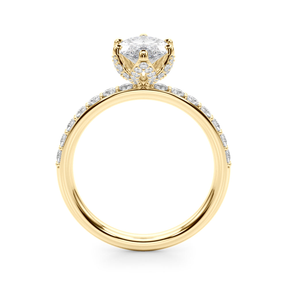 Side profile showing hidden halo and pave diamond band of marquise lab diamond engagement ring in yellow gold