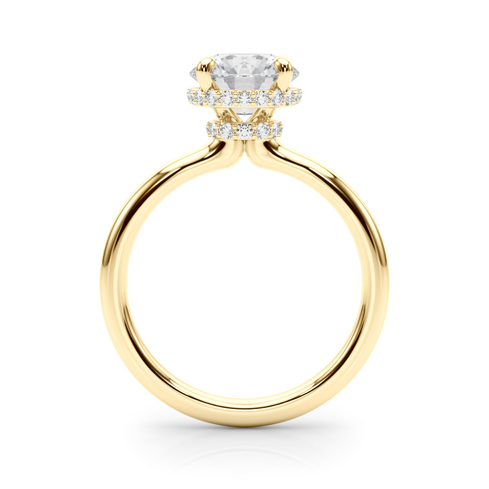 Side view of 2.00ct round lab diamond ring showing double hidden halo under gallery in polished 14K yellow gold