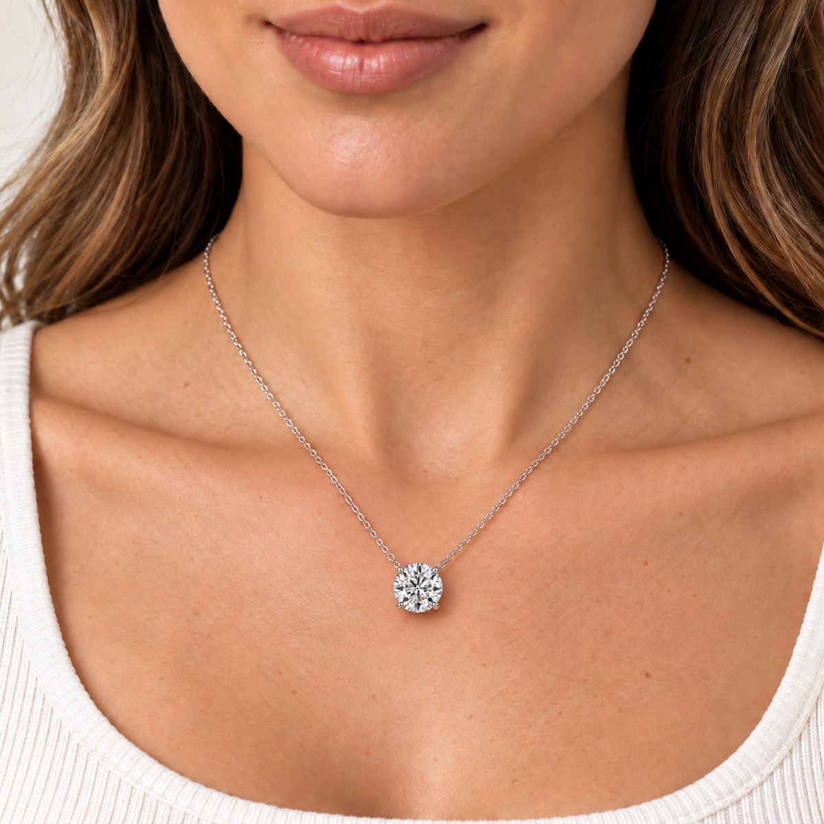 Round diamond solitaire necklace in white gold worn on a model