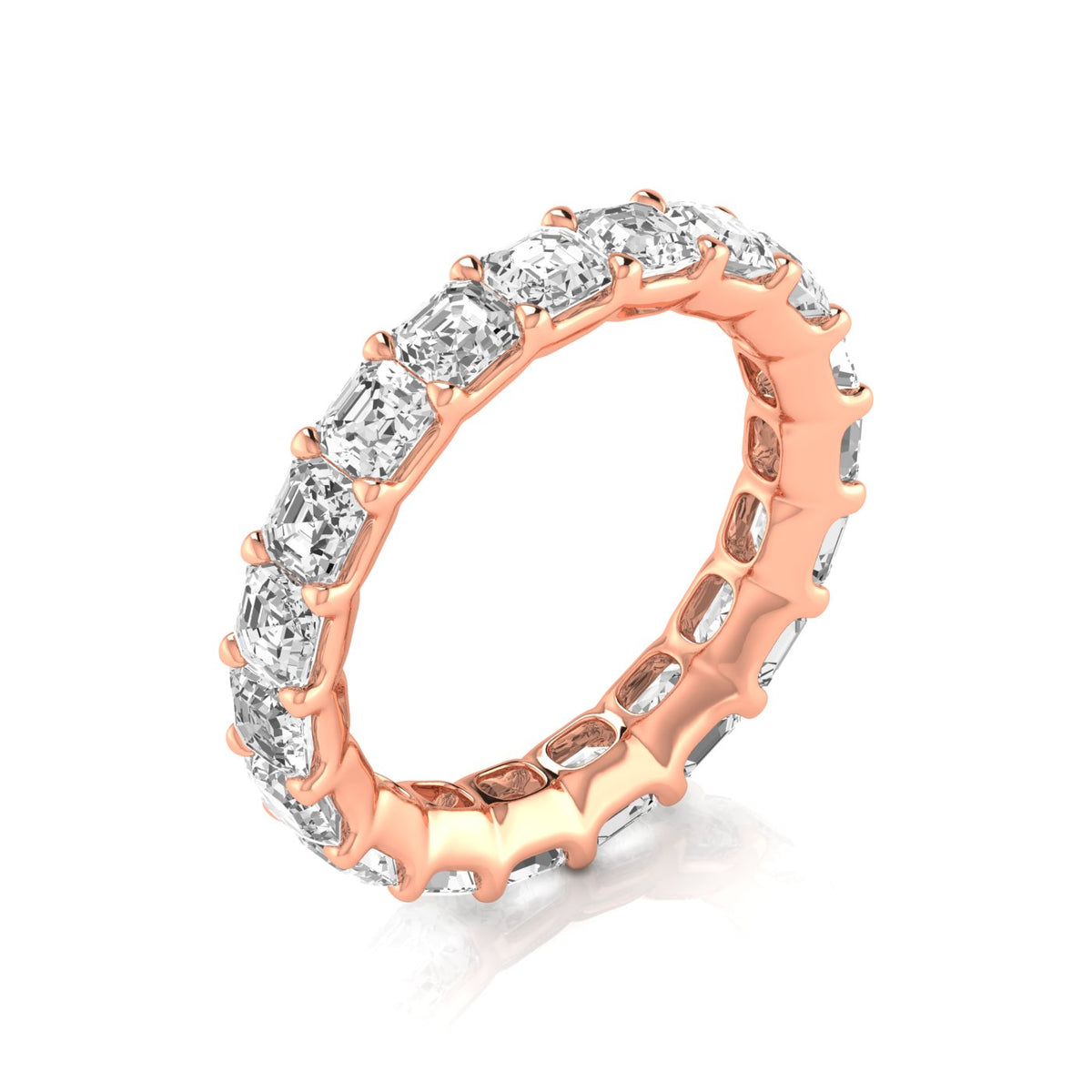 Upright side view of a 14K rose gold Asscher-cut diamond eternity ring