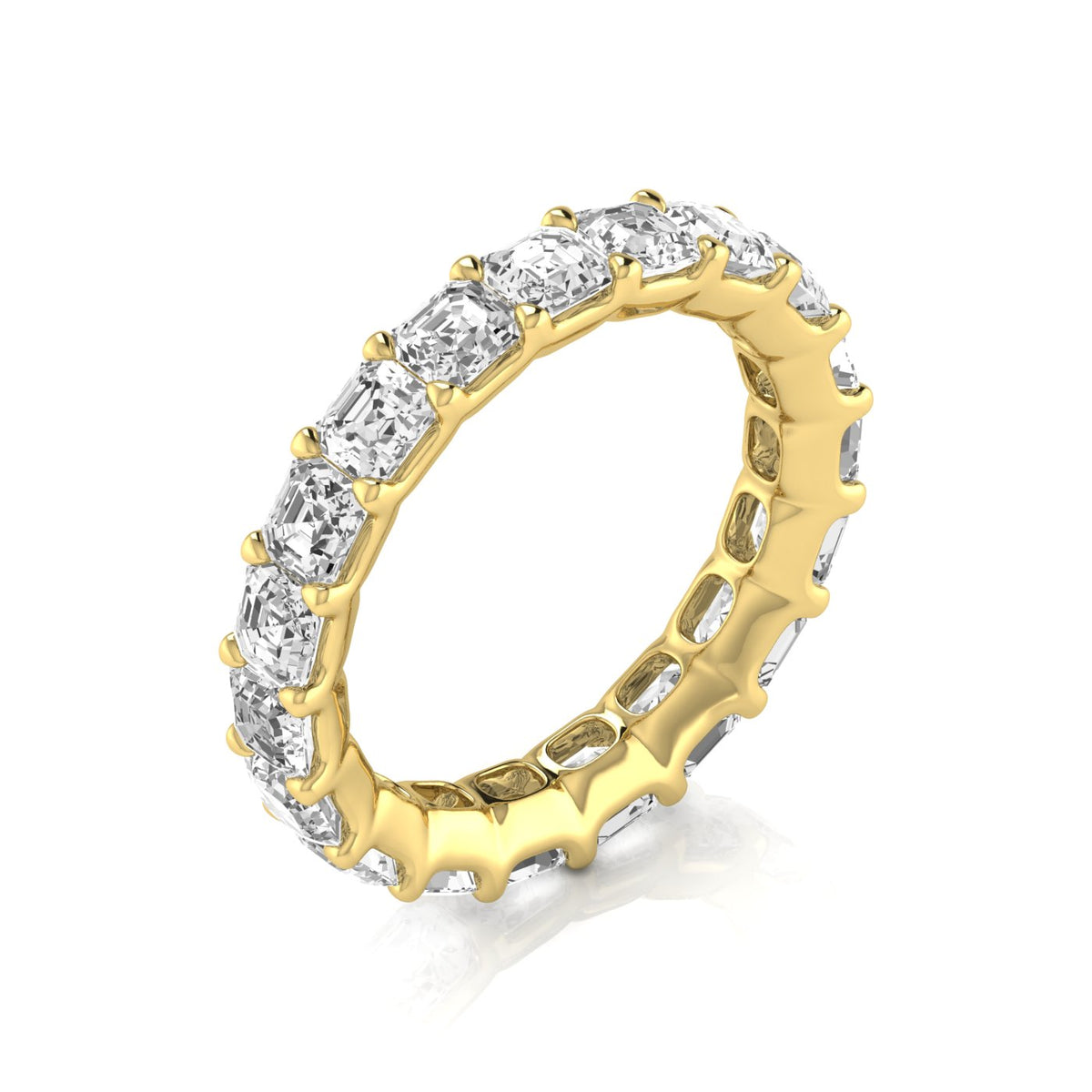 Upright side view of a 14K yellow gold Asscher-cut diamond eternity ring