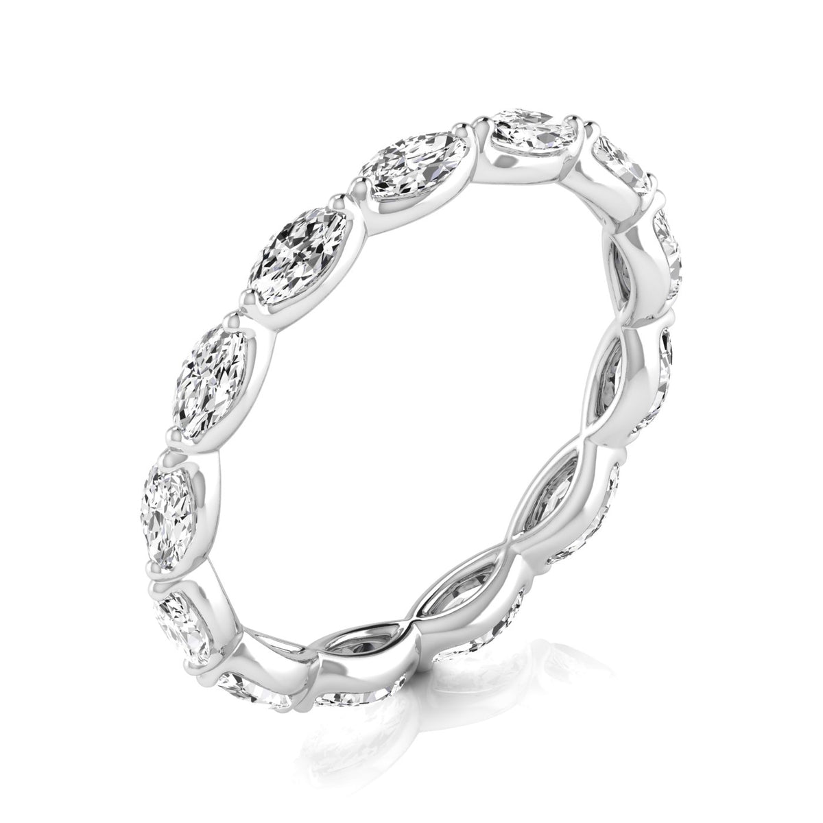 White gold marquise diamond eternity band standing at an angle, showing the full diamond setting.