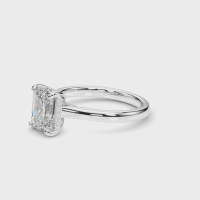 360 degree video of emerald cut lab-grown diamond hidden halo engagement ring
