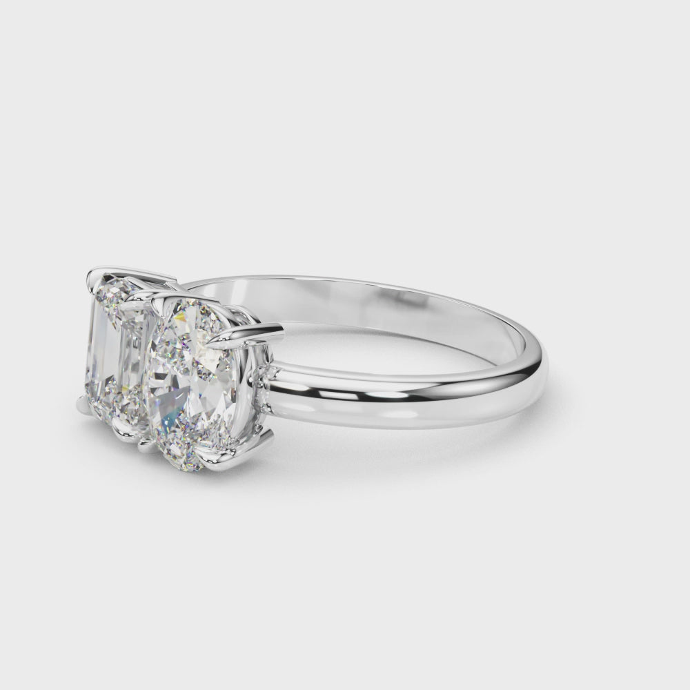 360 degree video of emerald and oval lab-grown diamond two-stone engagement ring