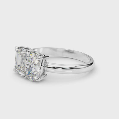 360 degree video of emerald and oval lab-grown diamond two-stone engagement ring