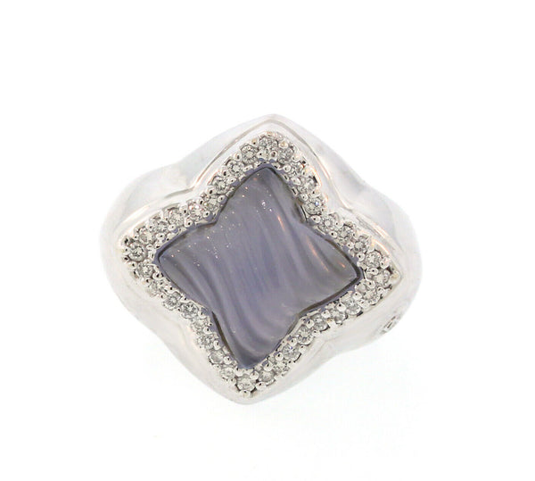 David Yurman 18K White Gold Blue Chalcedony Diamond Quatrefoil Ring Size 6 - simonbjewels.co