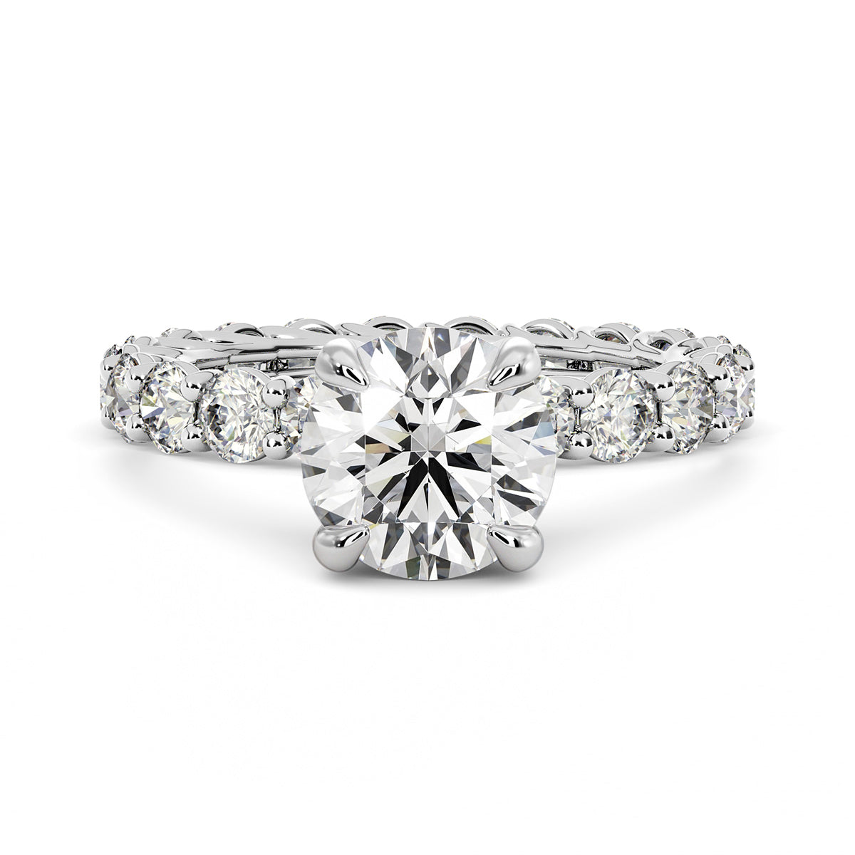 2.00ct lab grown diamond engagement ring with round brilliant center and side stones in 14K gold.