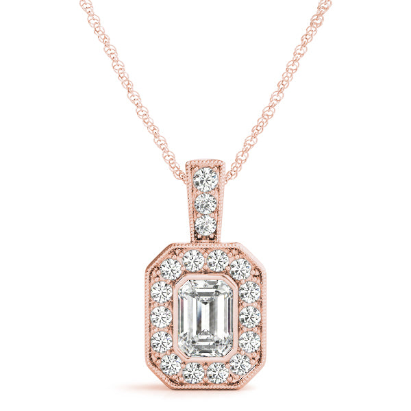 1.00 ct Emerald cut and Round cut Diamond Halo Pendant 18K Gold - simonbjewels.co